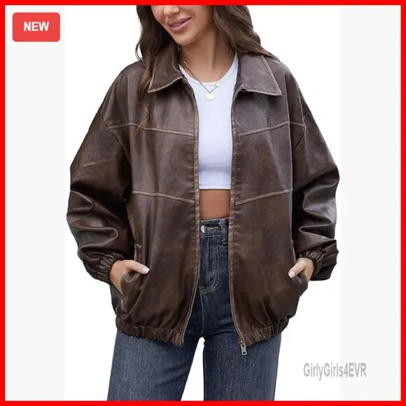 Oversized Faux Leather Motorcycle Jacket Vintage Y2K Plus Size - Picture 1 of 5